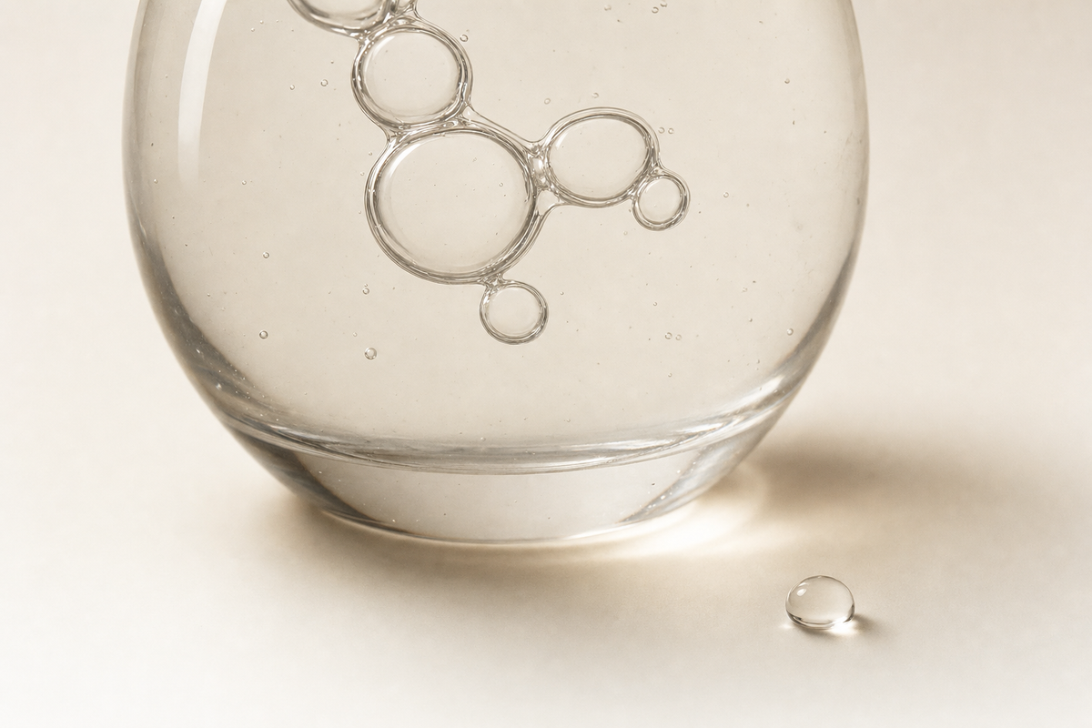 Clear liquid with bubbles in a glass sphere, representing niacinamide