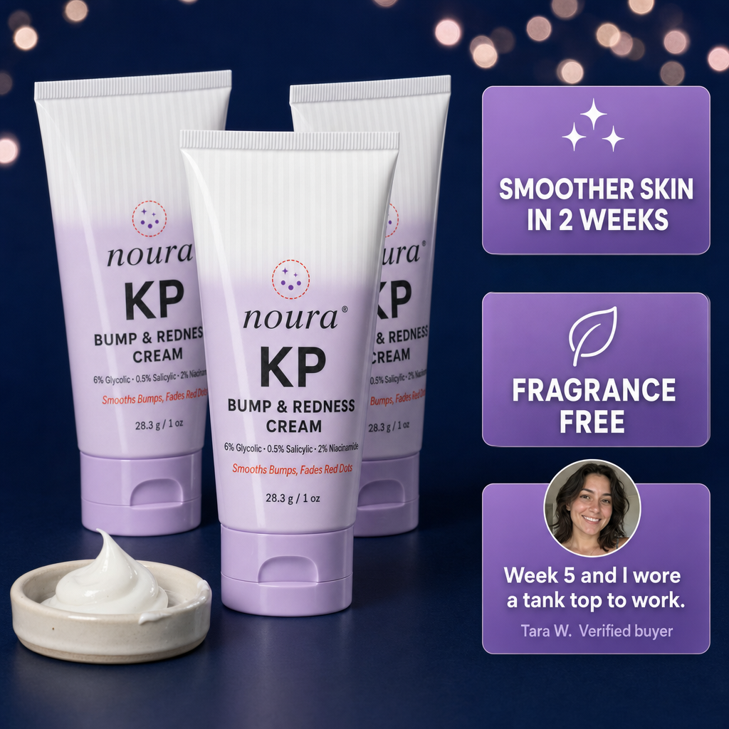 Three tubes of Noura KP Bump & Redness Cream beside a small dish of the cream on a navy background