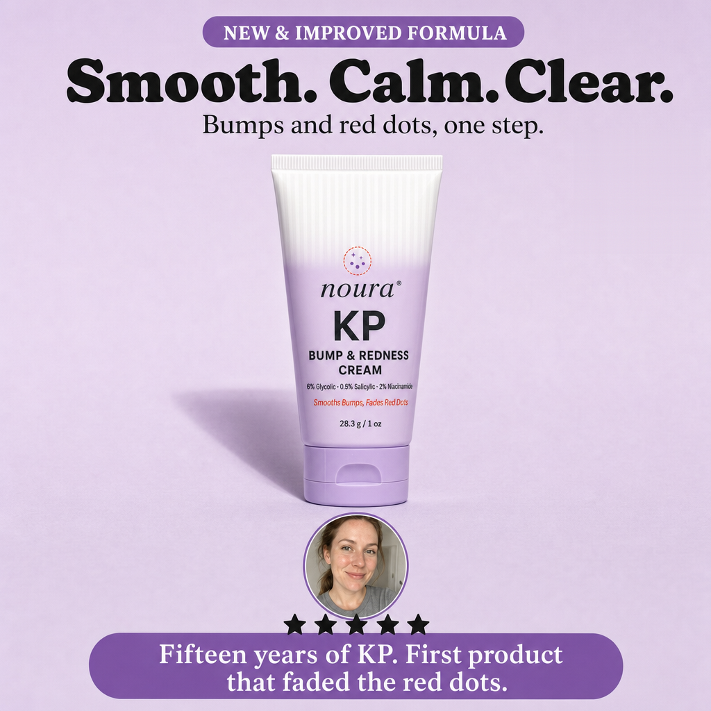 Noura KP Bump & Redness Cream in a lavender squeeze tube under the words Smooth. Calm. Clear.