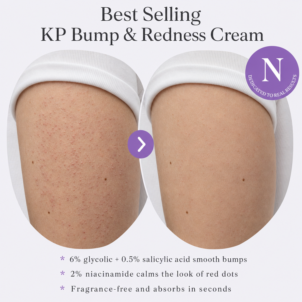 Illustration of an upper arm with rough red KP bumps next to the same arm looking smoother