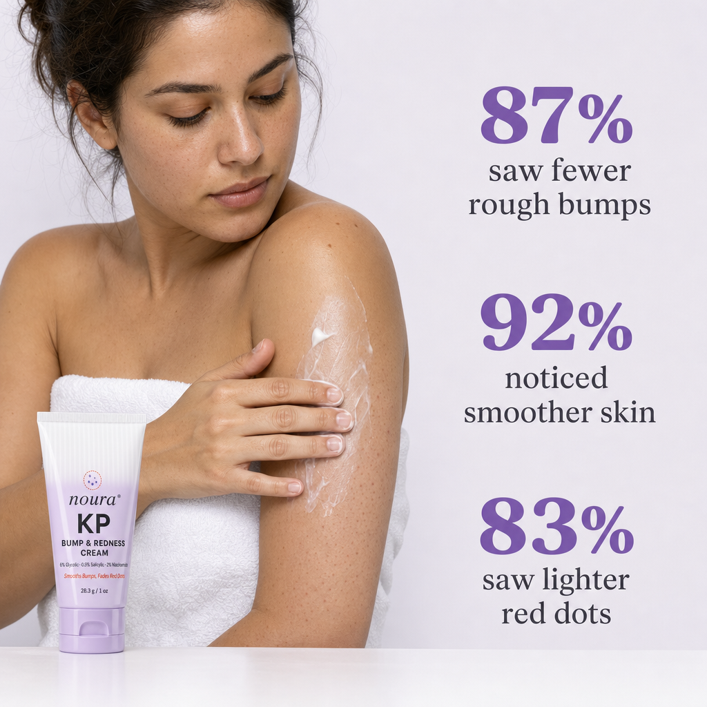 Woman in a towel smoothing Noura KP cream onto her upper arm after a shower