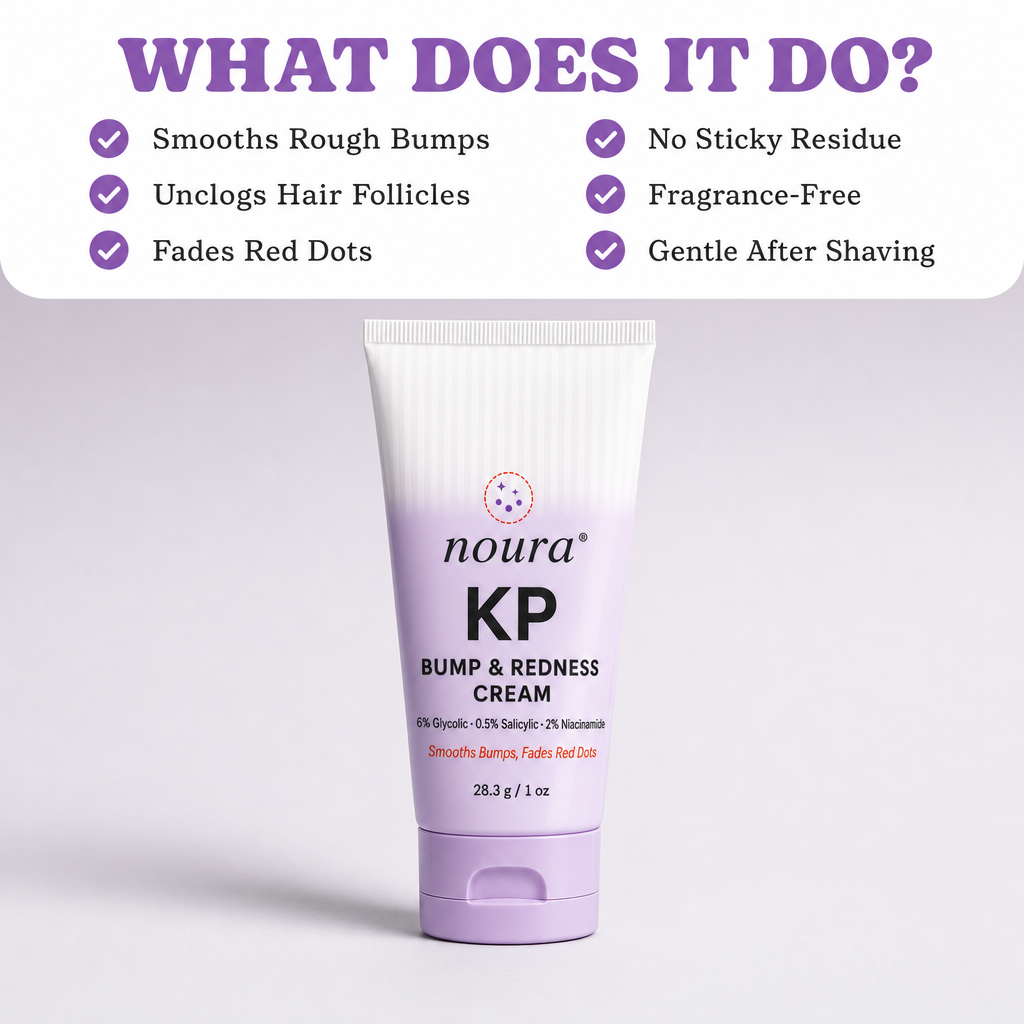 Noura KP cream tube under a checklist: smooths rough bumps, no sticky residue, fragrance-free, gentle after shaving