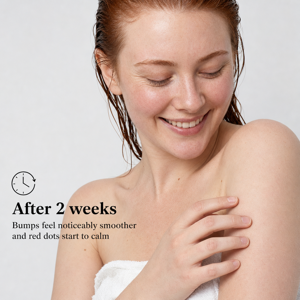 Smiling woman with red hair touching the skin on her shoulder after a shower