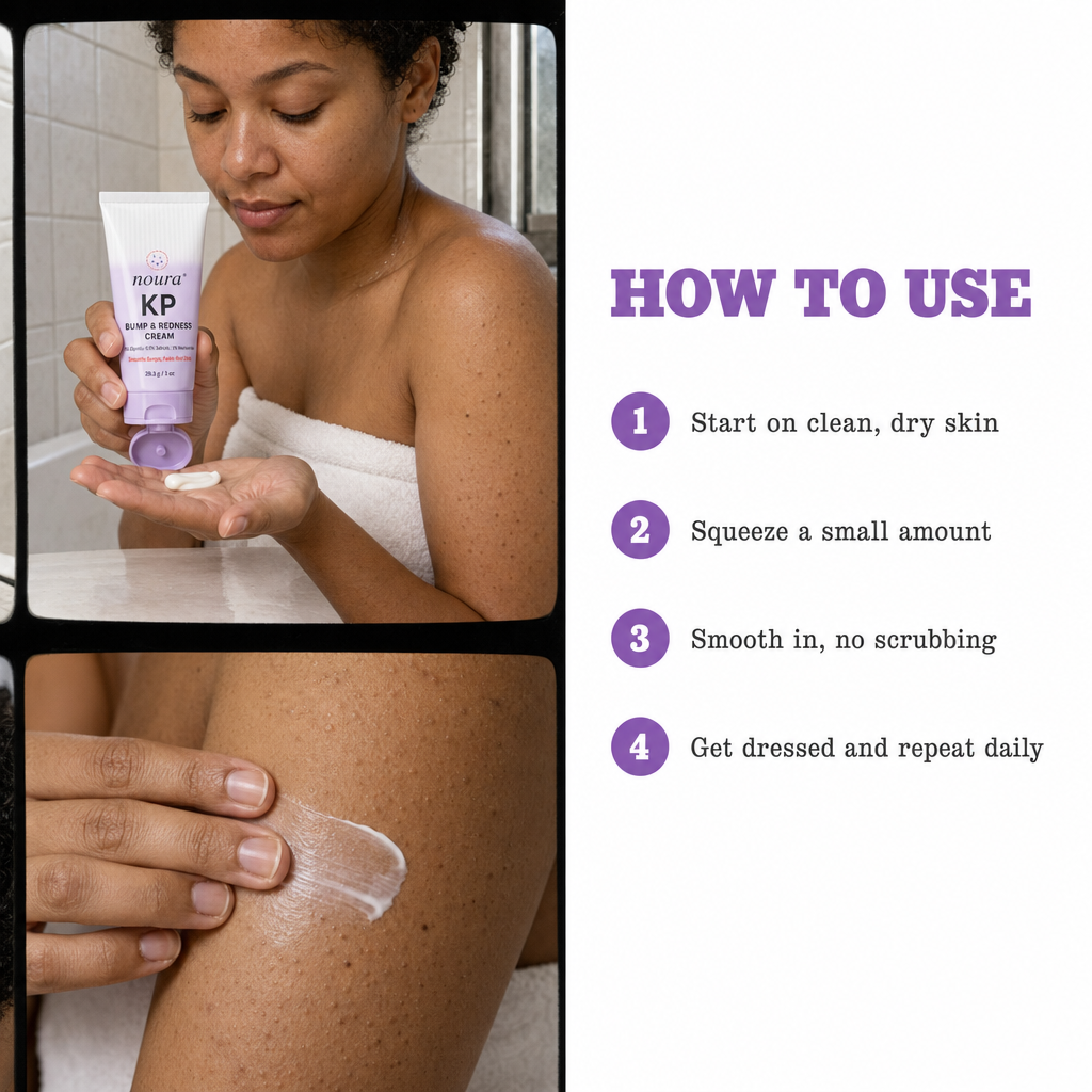 How to use Noura KP cream: squeeze a small amount, smooth it onto dry skin without scrubbing, repeat daily