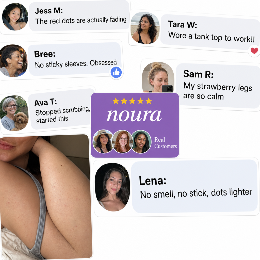 Collage of short customer comments about Noura KP cream around the Noura logo