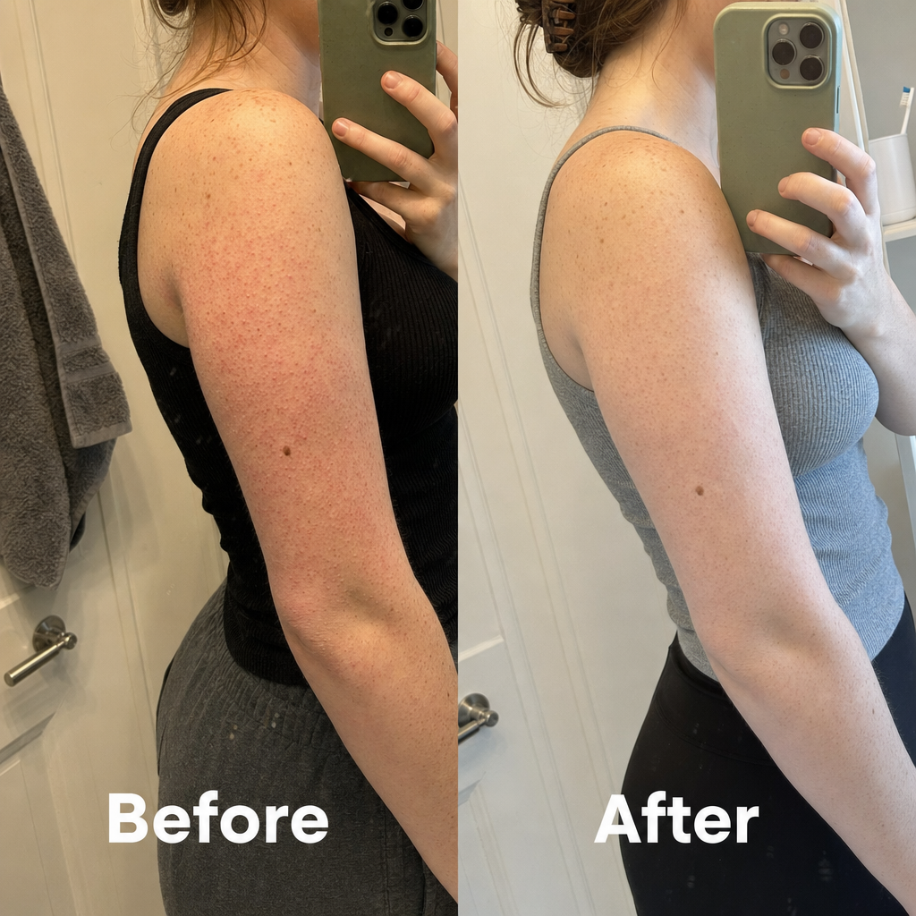 Illustration of a mirror selfie of an upper arm with chicken skin bumps, next to the same arm looking smoother
