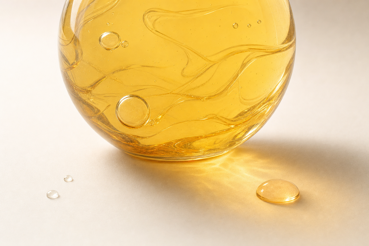 Golden liquid with bubbles in a glass sphere, representing glycolic acid