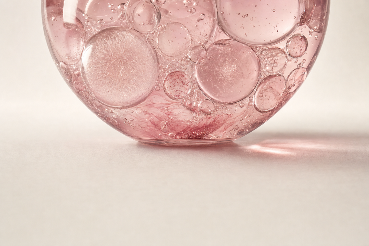 Pink liquid with bubbles in a glass sphere, representing salicylic acid