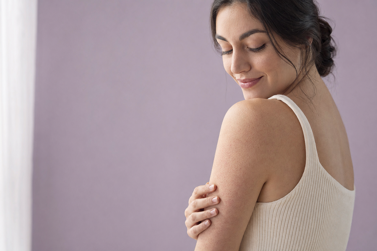 Woman glancing down at her bare shoulder against a soft lavender wall